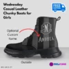 Wednesday Addams Inspired, Casual Leather Chunky Black Boots for Girls, Optional Personalized Name, Street Shoes Cool Kiddo 32