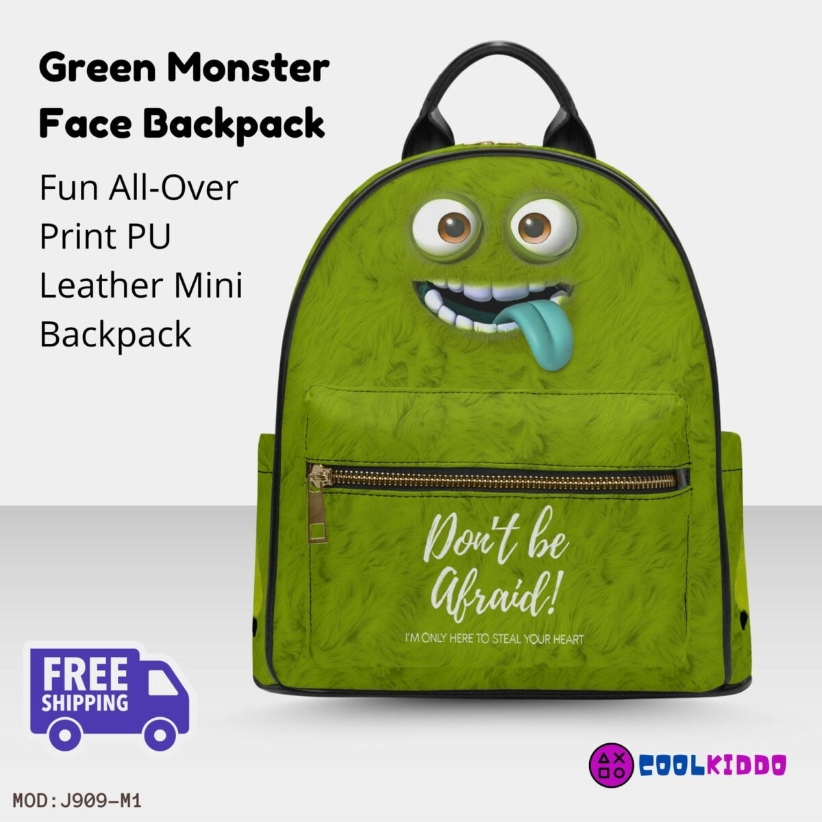 Green Monster Face Little Backpack – Flurry Simulation Fun All-Over Print Leather Street Bag For Girls Cool Kiddo 14