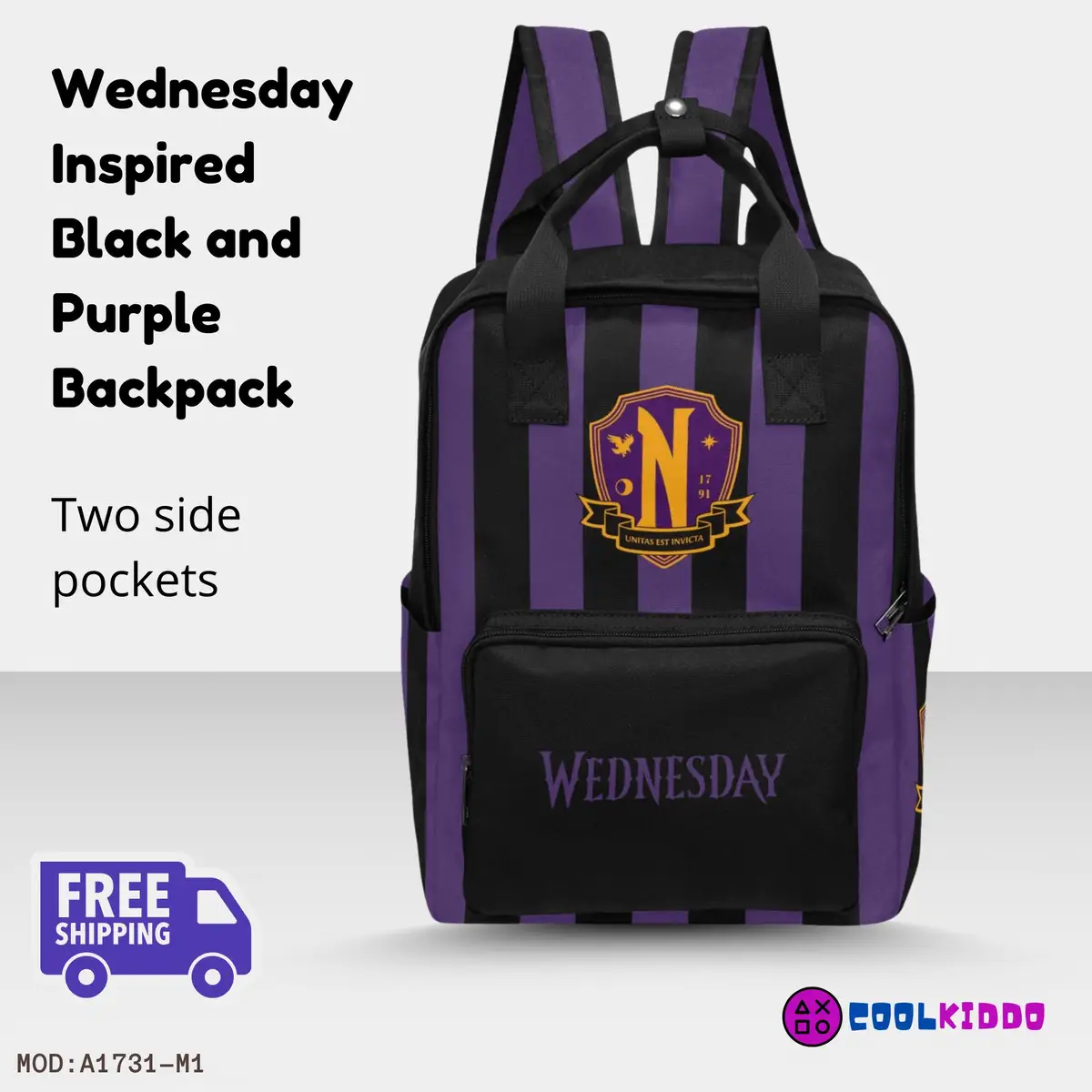 Wednesday Addams Uniform Inspired Black and Purple Backpack, Youth Book Bag for School, Nevermore Academy Rucksack Cool Kiddo 14