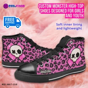 Custom Name Monster Fashion-Forward High Top Sneakers for Girls, Pink Animal Print Cool Kiddo 10