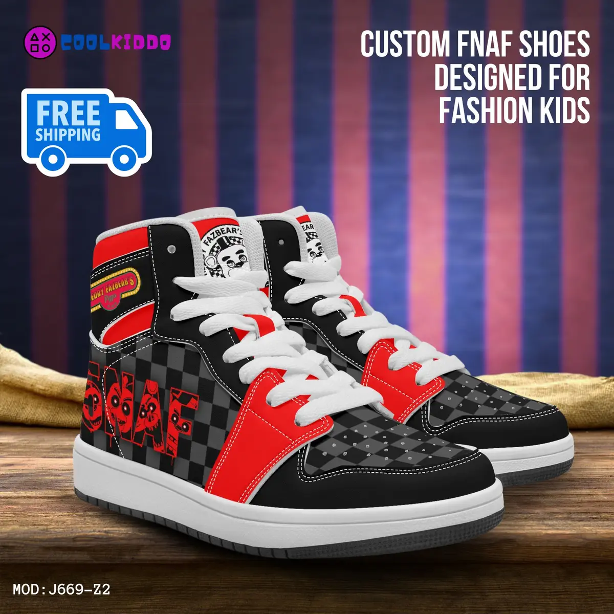 Five Nights at Freddy’s Inspired Character High-Top Kids Black and Red Leather Shoes, FNAF Jordans Style Sneakers Cool Kiddo 12