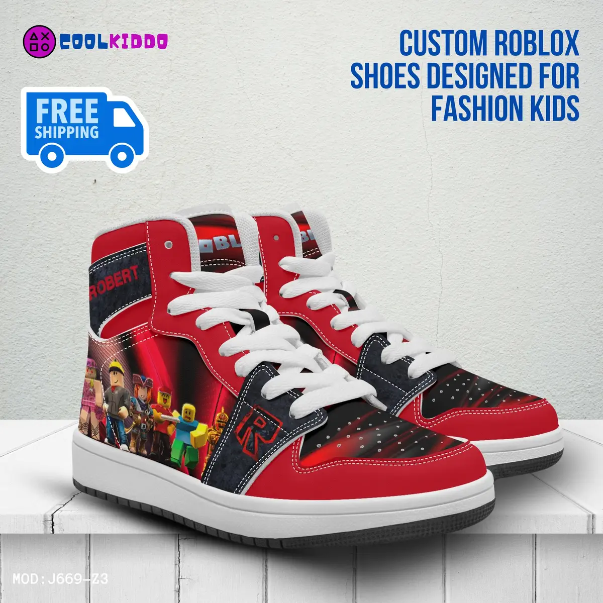 Personalized Name ROBLOX Characters High-Top Leather Black and Red Shoes, Jordans Style Sneakers Cool Kiddo 10