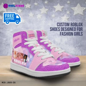 Customized Name ROBLOX Girls Characters High-Top Leather Pink Shoes for Kids, Jordans Style Sneakers Cool Kiddo