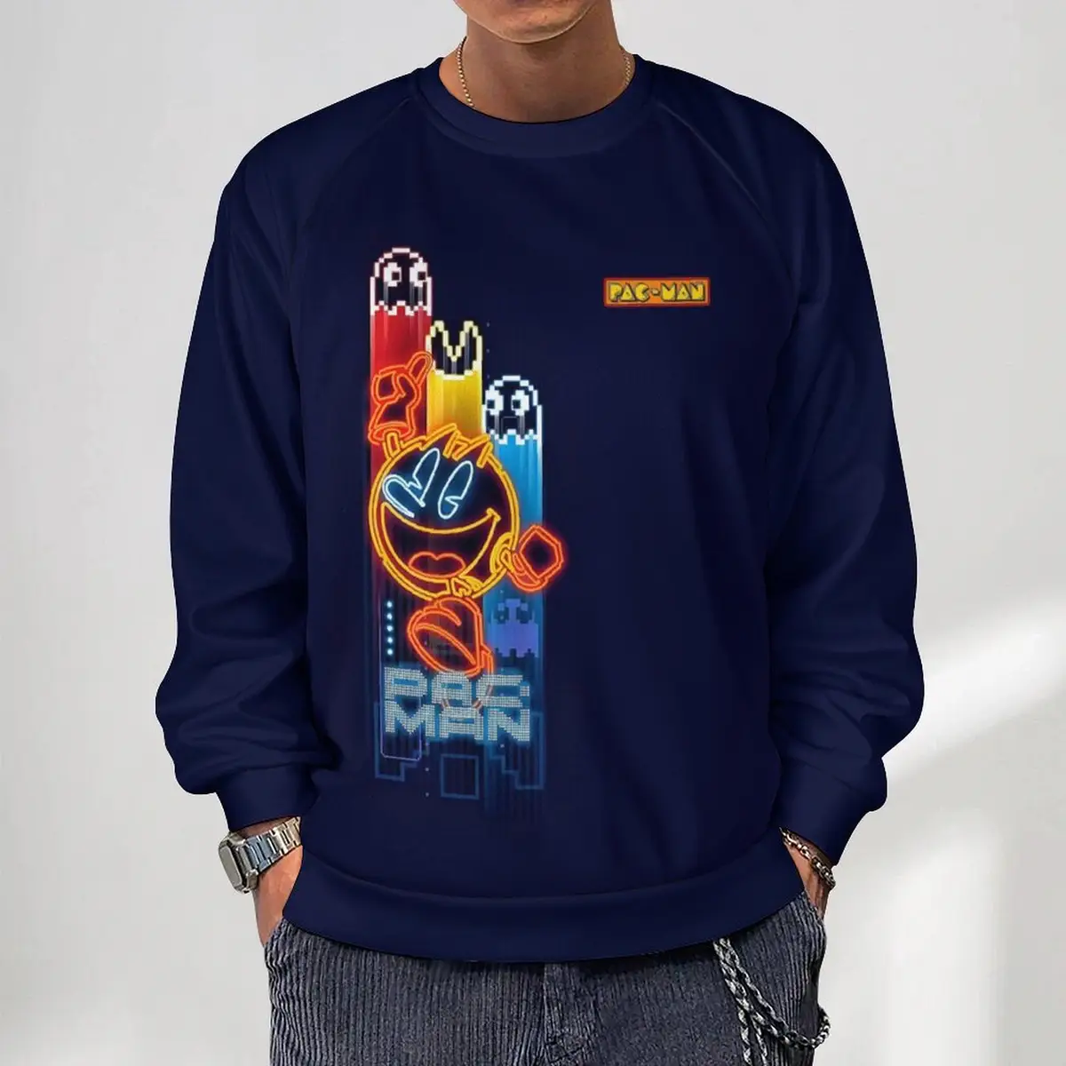 Dark Blue Pac-Man Men-Youth Crewneck Sweatshirt, Vintage Video Game Apparel Unisex Comfortable Sweater Cool Kiddo 10