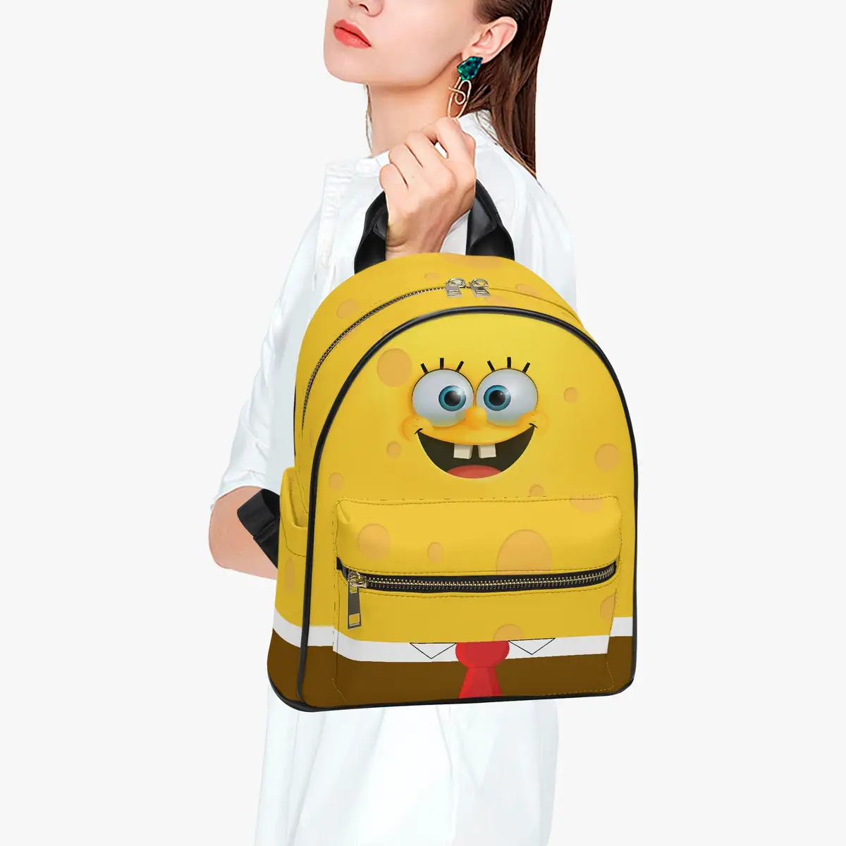 Sponge Bob Face Little Backpack – Fun All-Over Print Leather Street Bag for Girls Cool Kiddo 18