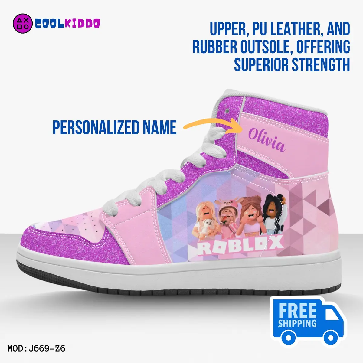 Customized Name ROBLOX Girls Characters High-Top Leather Pink Shoes for Kids, Jordans Style Sneakers Cool Kiddo 12