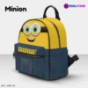 Yellow and Denim Simulation Minions Face Little Backpack – Fun All-Over Print Leather Street Bag for Girls Cool Kiddo