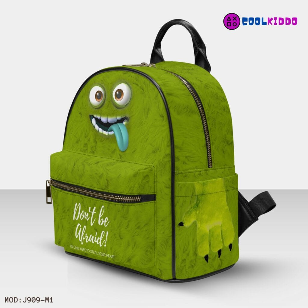 Green Monster Face Little Backpack – Flurry Simulation Fun All-Over Print Leather Street Bag For Girls Cool Kiddo Green Monster Face Little Backpack - Flurry Simulation Fun All-Over Print Leather Street Bag For Girls