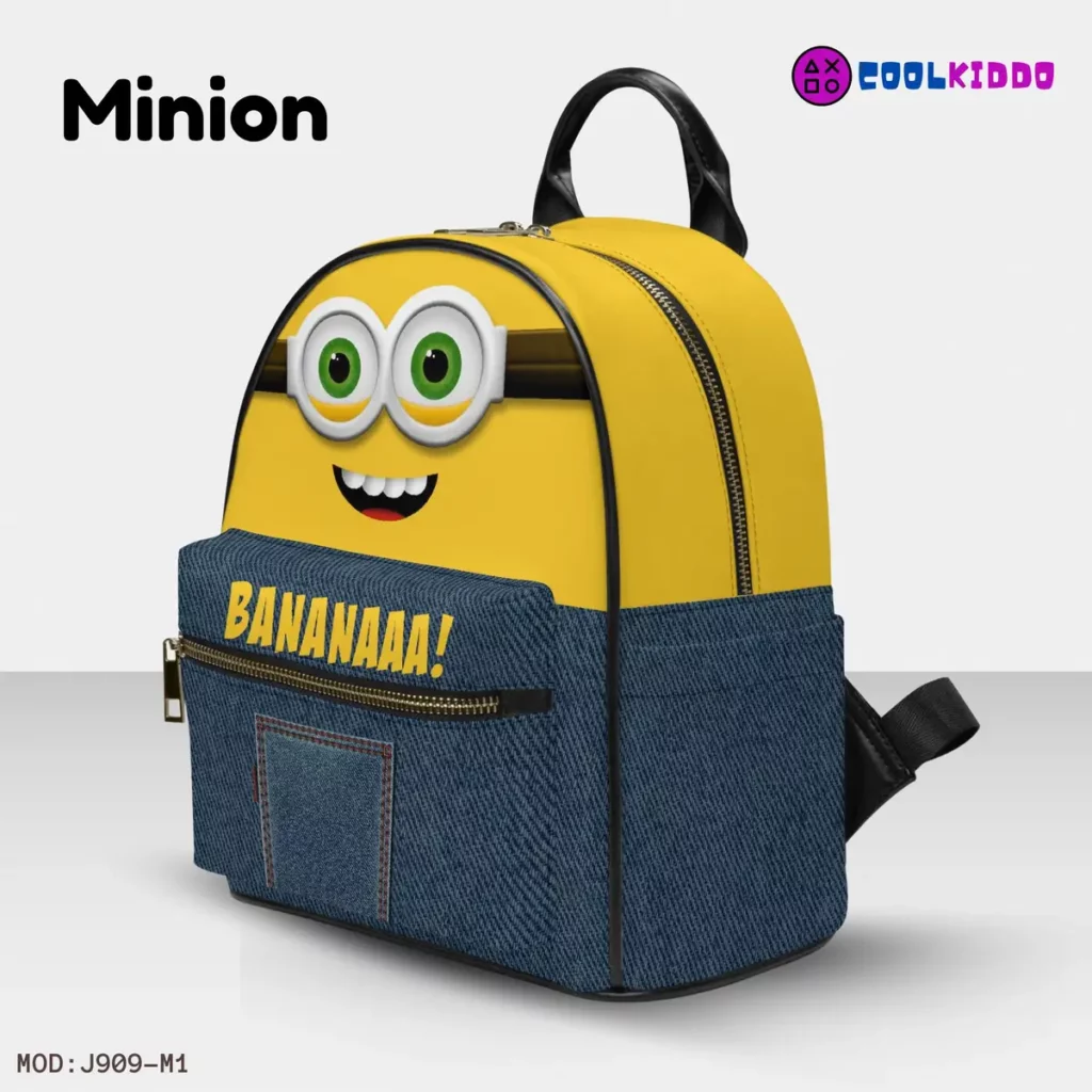 Yellow and Denim Simulation Minions Face Little Backpack – Fun All-Over Print Leather Street Bag for Girls Cool Kiddo Minion face Backpack