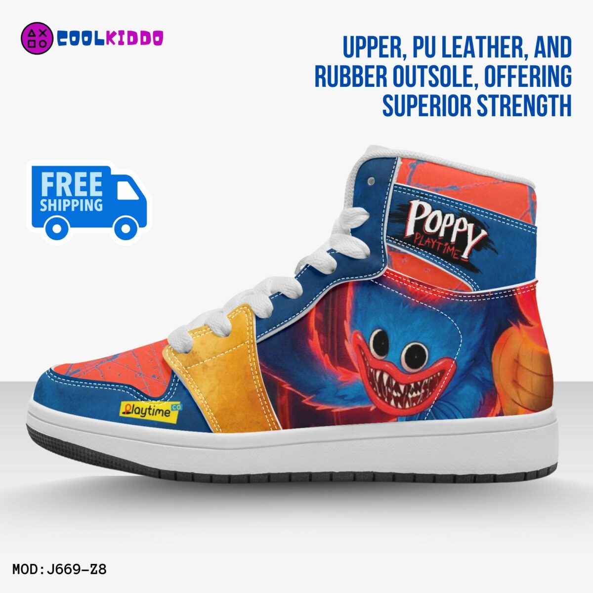 Personalized Name Poppy Playtime Video Game High-Top Shoes, Leather Sneakers for Kids Cool Kiddo 12