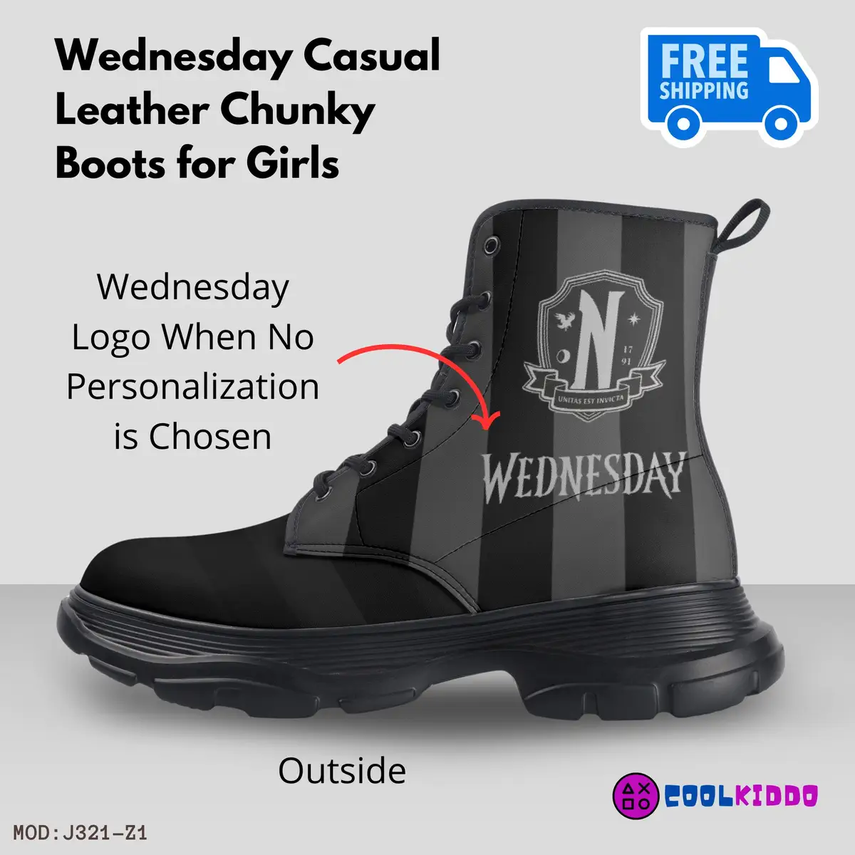 Wednesday Addams Inspired, Casual Leather Chunky Black Boots for Girls, Optional Personalized Name, Street Shoes