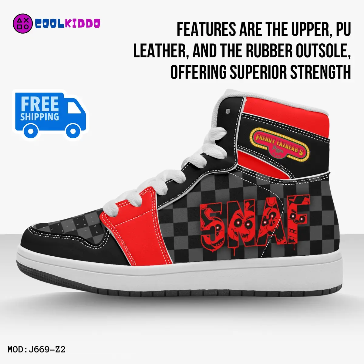 Five Nights at Freddy’s Inspired Character High-Top Kids Black and Red Leather Shoes, FNAF Jordans Style Sneakers Cool Kiddo 10
