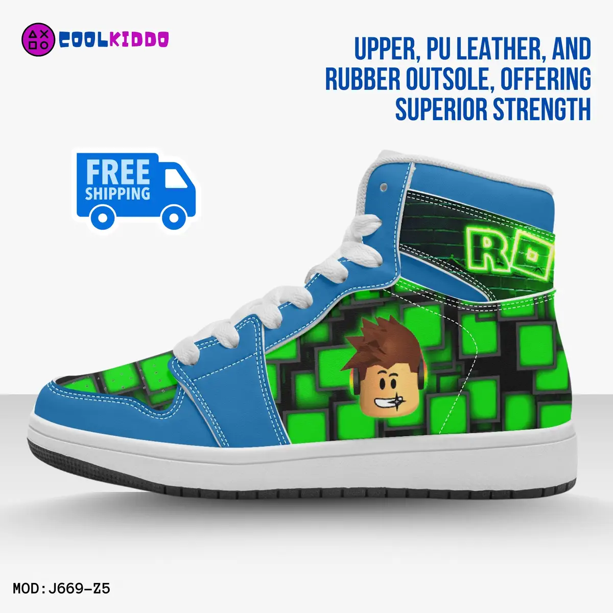 Kids ROBLOX Characters High-Top Shoes Leather Green and Blue, Jordans Style Sneakers Cool Kiddo 14