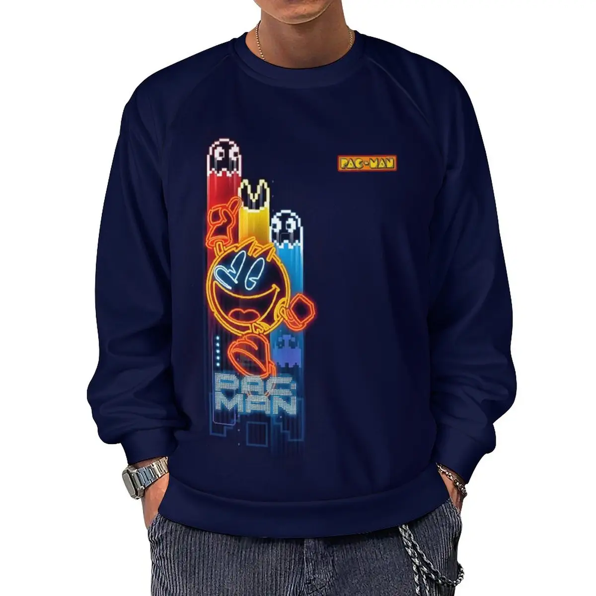Dark Blue Pac-Man Men-Youth Crewneck Sweatshirt, Vintage Video Game Apparel Unisex Comfortable Sweater Cool Kiddo 16