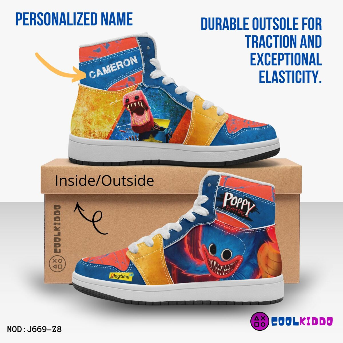 Personalized Name Poppy Playtime Video Game High-Top Shoes, Leather Sneakers for Kids Cool Kiddo 14