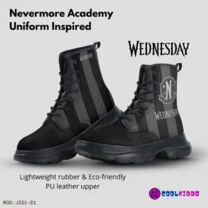 Wednesday Addams Inspired, Casual Leather Chunky Black Boots for Girls, Optional Personalized Name, Street Shoes Cool Kiddo