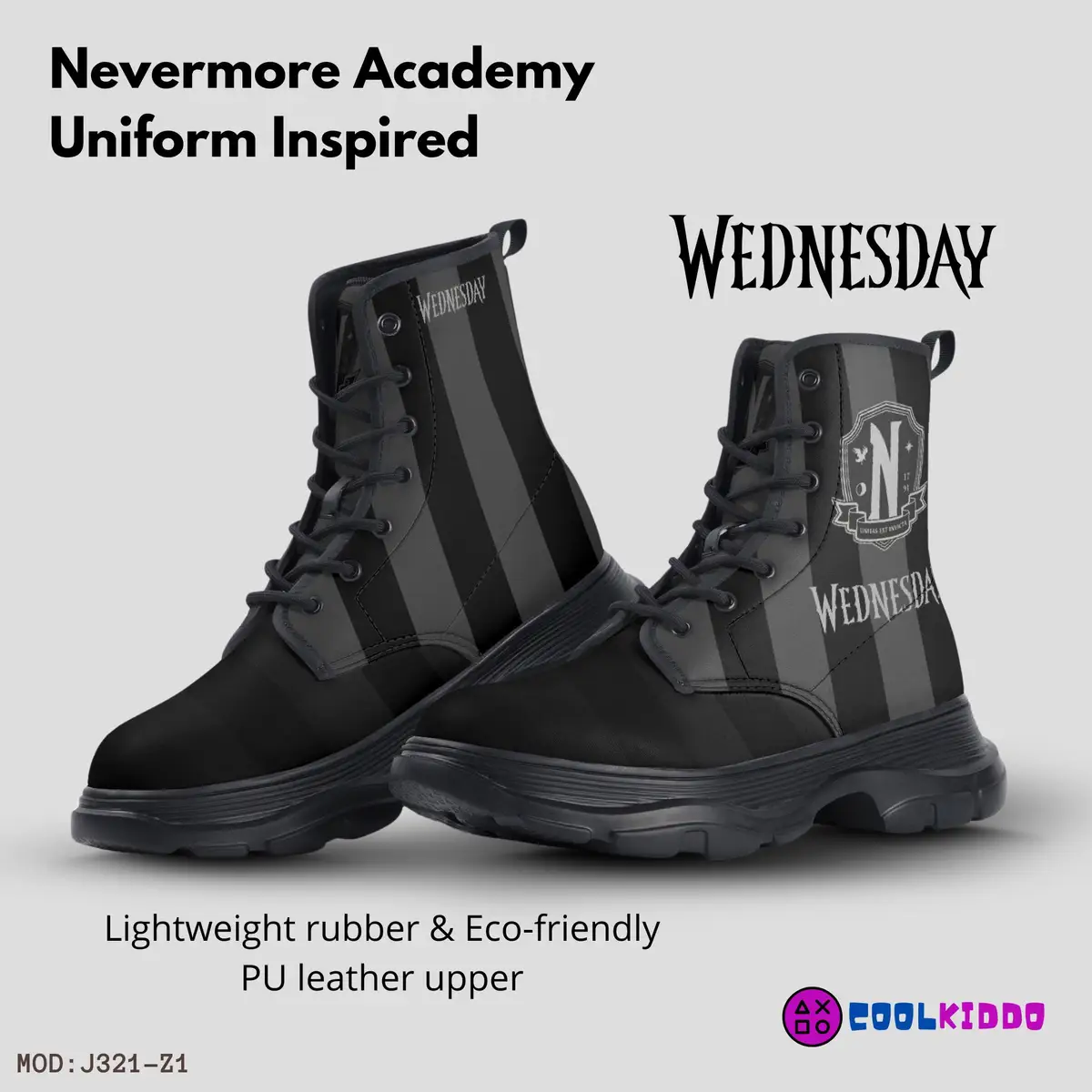 Wednesday Addams Inspired, Casual Leather Chunky Black Boots for Girls, Optional Personalized Name, Street Shoes