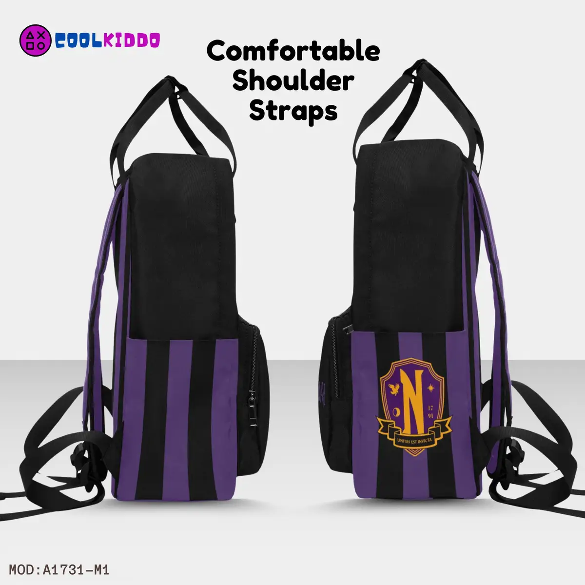 Wednesday Addams Uniform Inspired Black and Purple Backpack, Youth Book Bag for School, Nevermore Academy Rucksack Cool Kiddo 18
