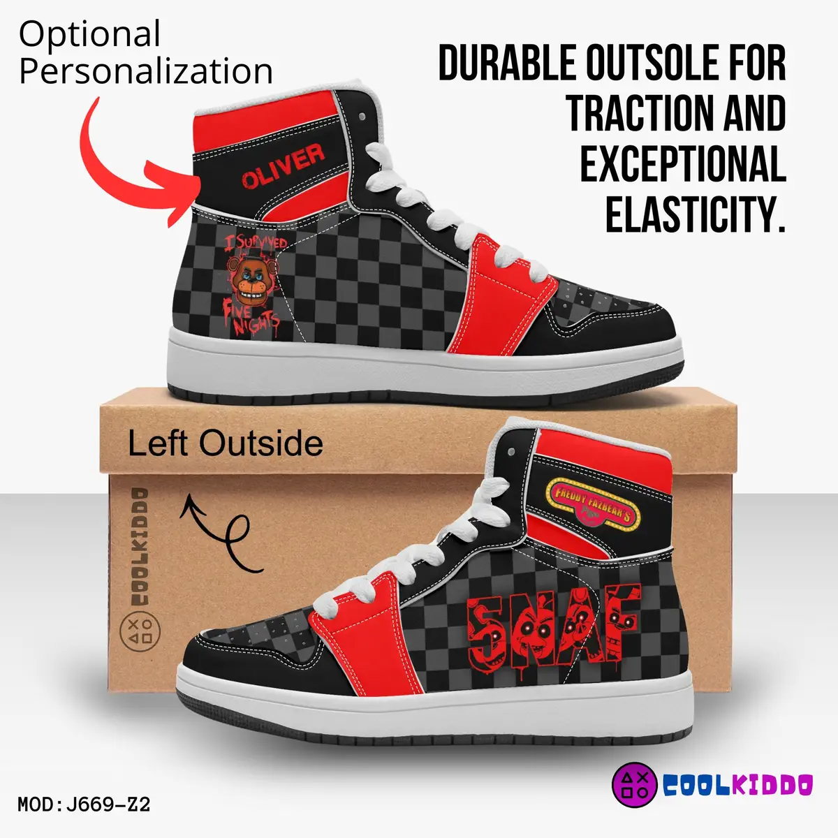 Five Nights at Freddy’s Inspired Character High-Top Kids Black and Red Leather Shoes, FNAF Jordans Style Sneakers Cool Kiddo 20