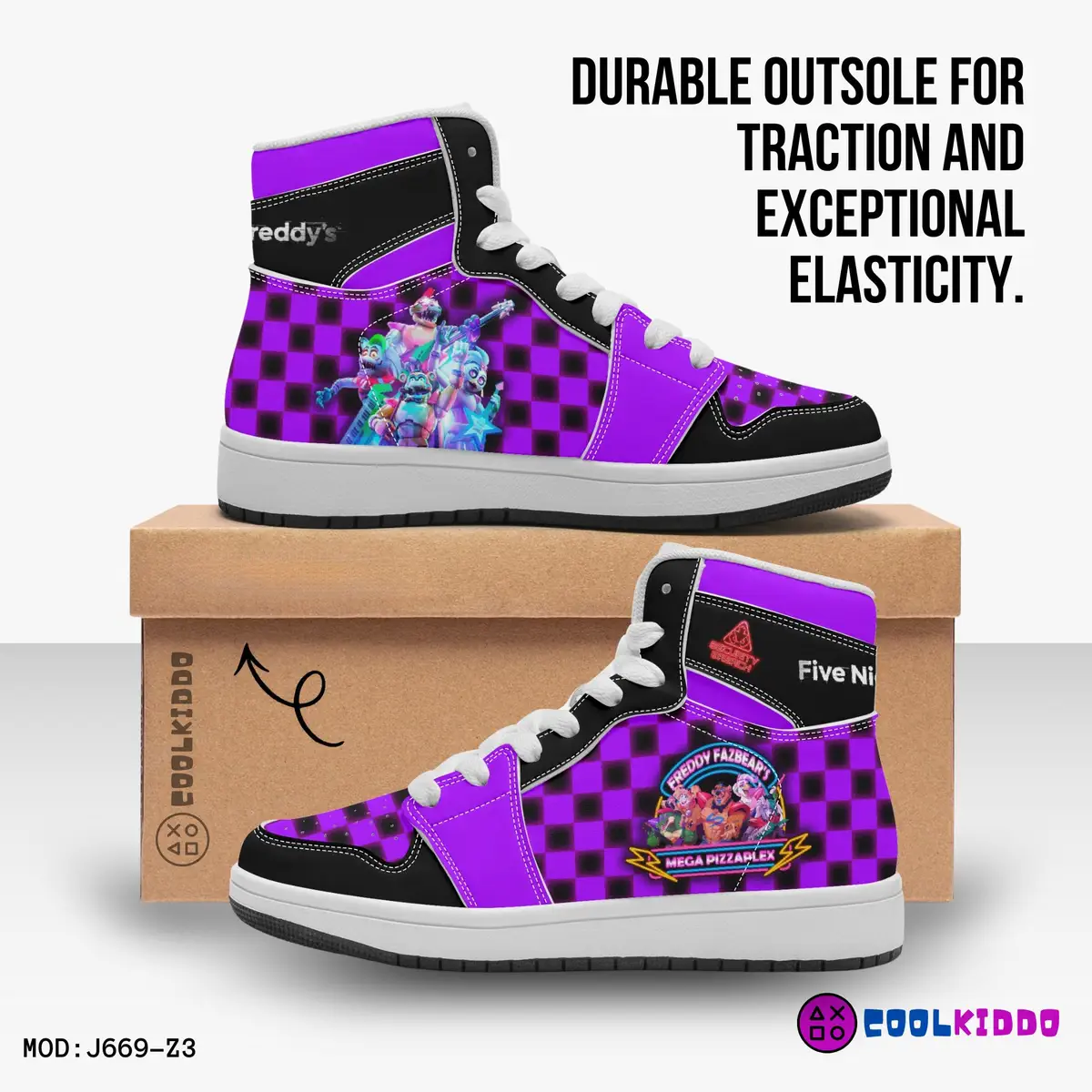 Five Nights at Freddy’s Security Breach Character High-Top Leather Black and Purple Shoes FNAF, 5NAF Cool Kiddo 20