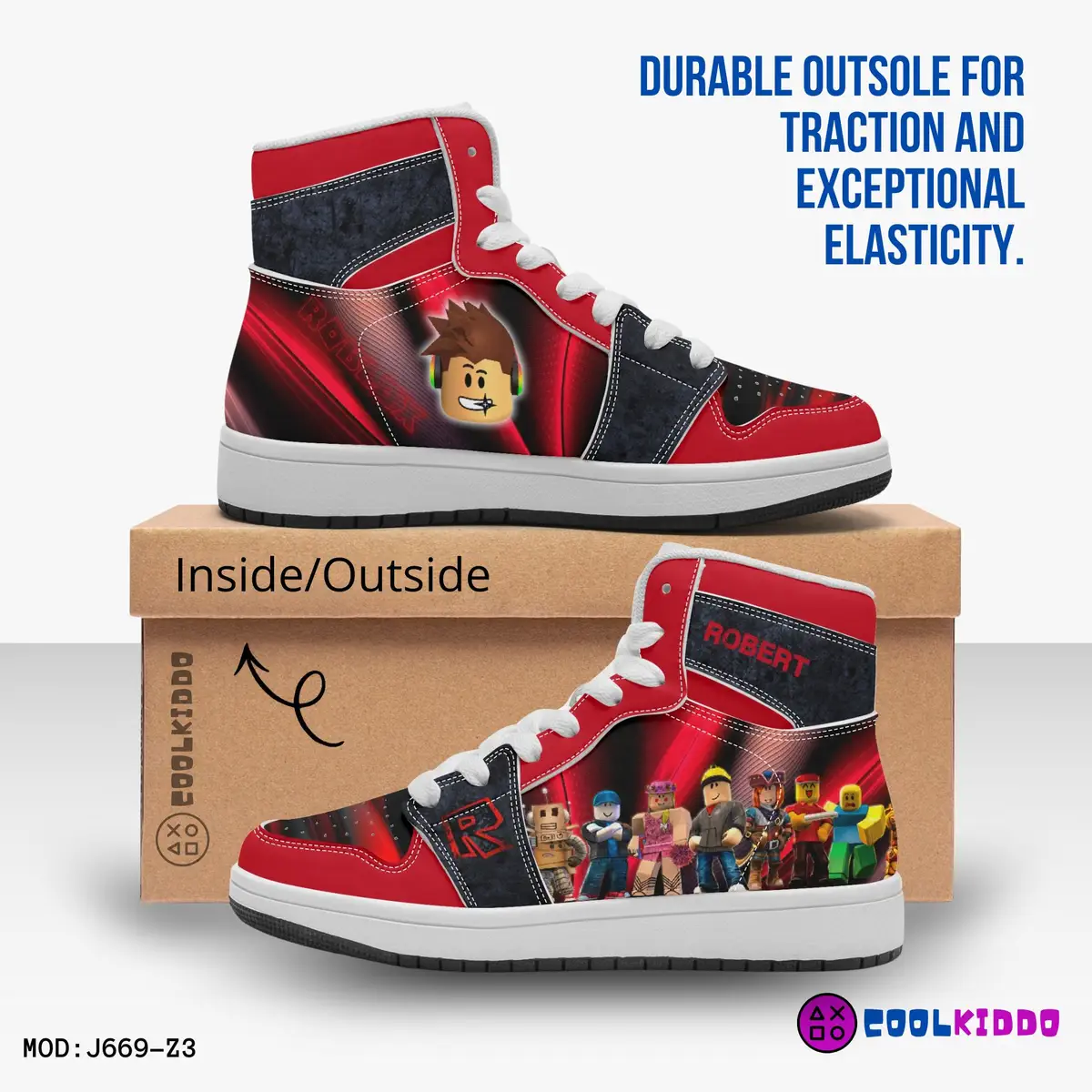 Personalized Name ROBLOX Characters High-Top Leather Black and Red Shoes, Jordans Style Sneakers Cool Kiddo 12