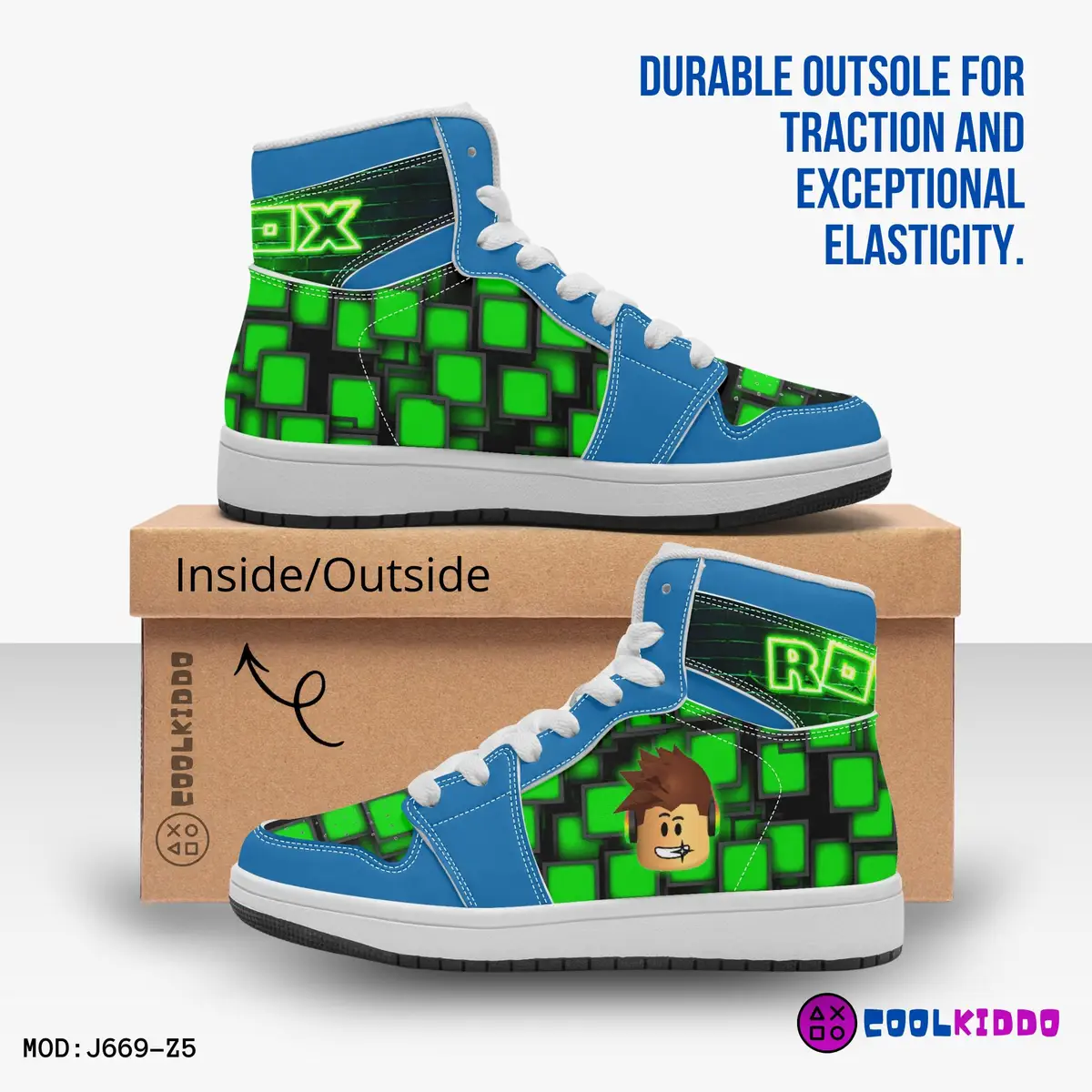 Kids ROBLOX Characters High-Top Shoes Leather Green and Blue, Jordans Style Sneakers Cool Kiddo 12