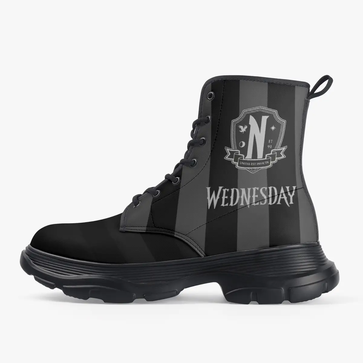 Wednesday Addams Inspired, Casual Leather Chunky Black Boots for Girls, Optional Personalized Name, Street Shoes