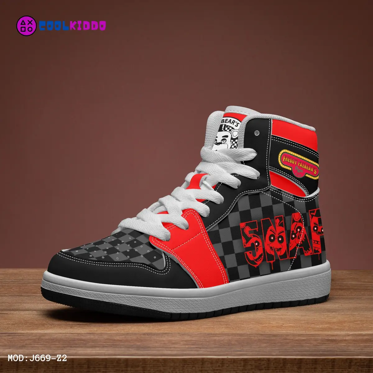 Five Nights at Freddy’s Inspired Character High-Top Kids Black and Red Leather Shoes, FNAF Jordans Style Sneakers Cool Kiddo 14
