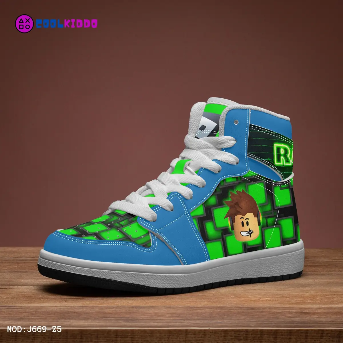 Kids ROBLOX Characters High-Top Shoes Leather Green and Blue, Jordans Style Sneakers Cool Kiddo 24