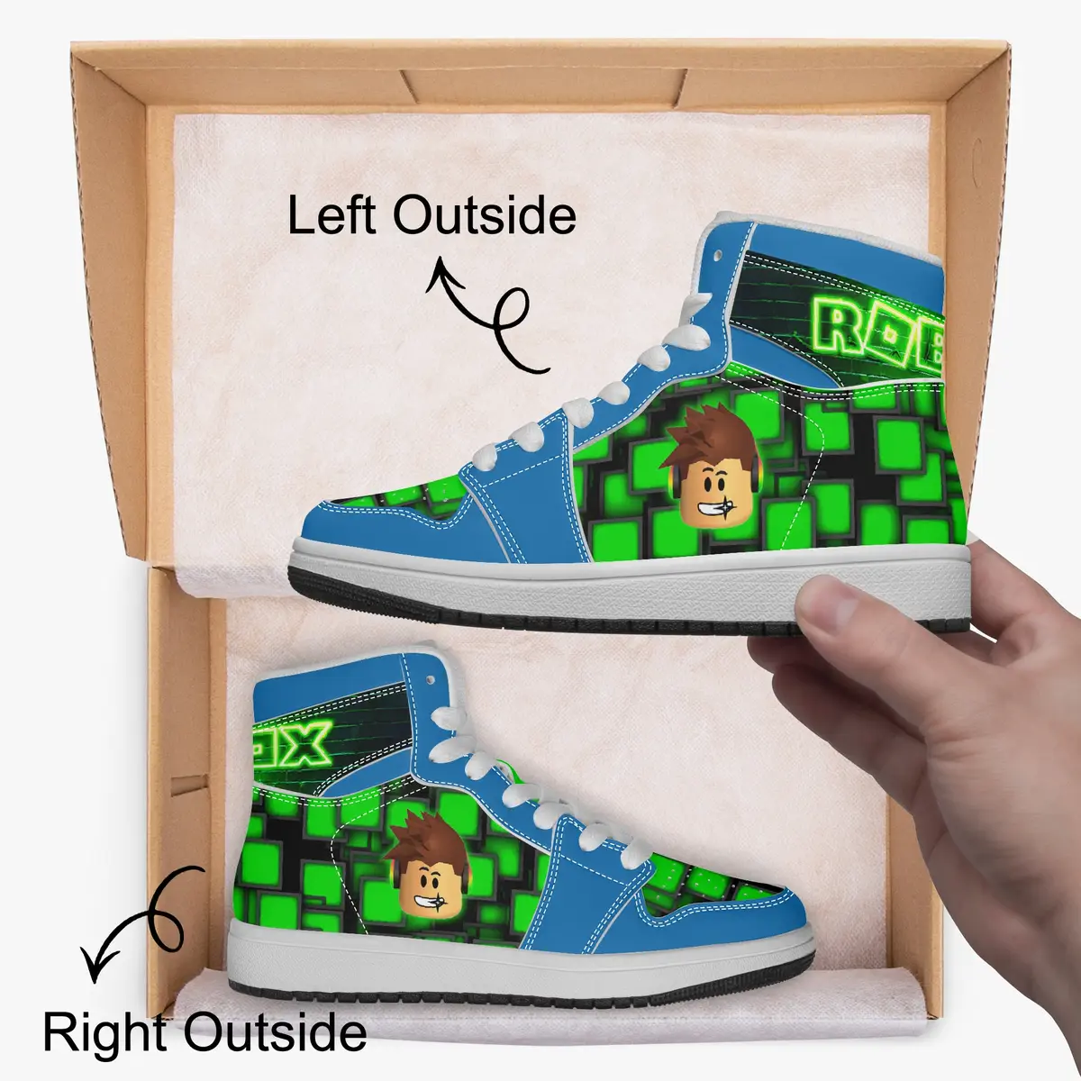 Kids ROBLOX Characters High-Top Shoes Leather Green and Blue, Jordans Style Sneakers Cool Kiddo 18