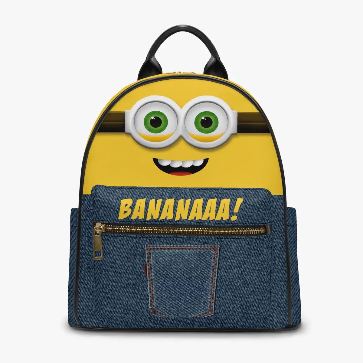 Yellow and Denim Simulation Minions Face Little Backpack – Fun All-Over Print Leather Street Bag for Girls Cool Kiddo 14