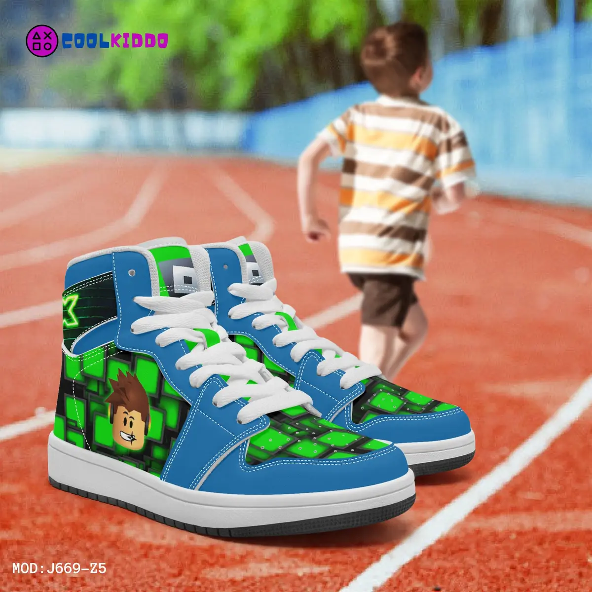 Kids ROBLOX Characters High-Top Shoes Leather Green and Blue, Jordans Style Sneakers Cool Kiddo 22