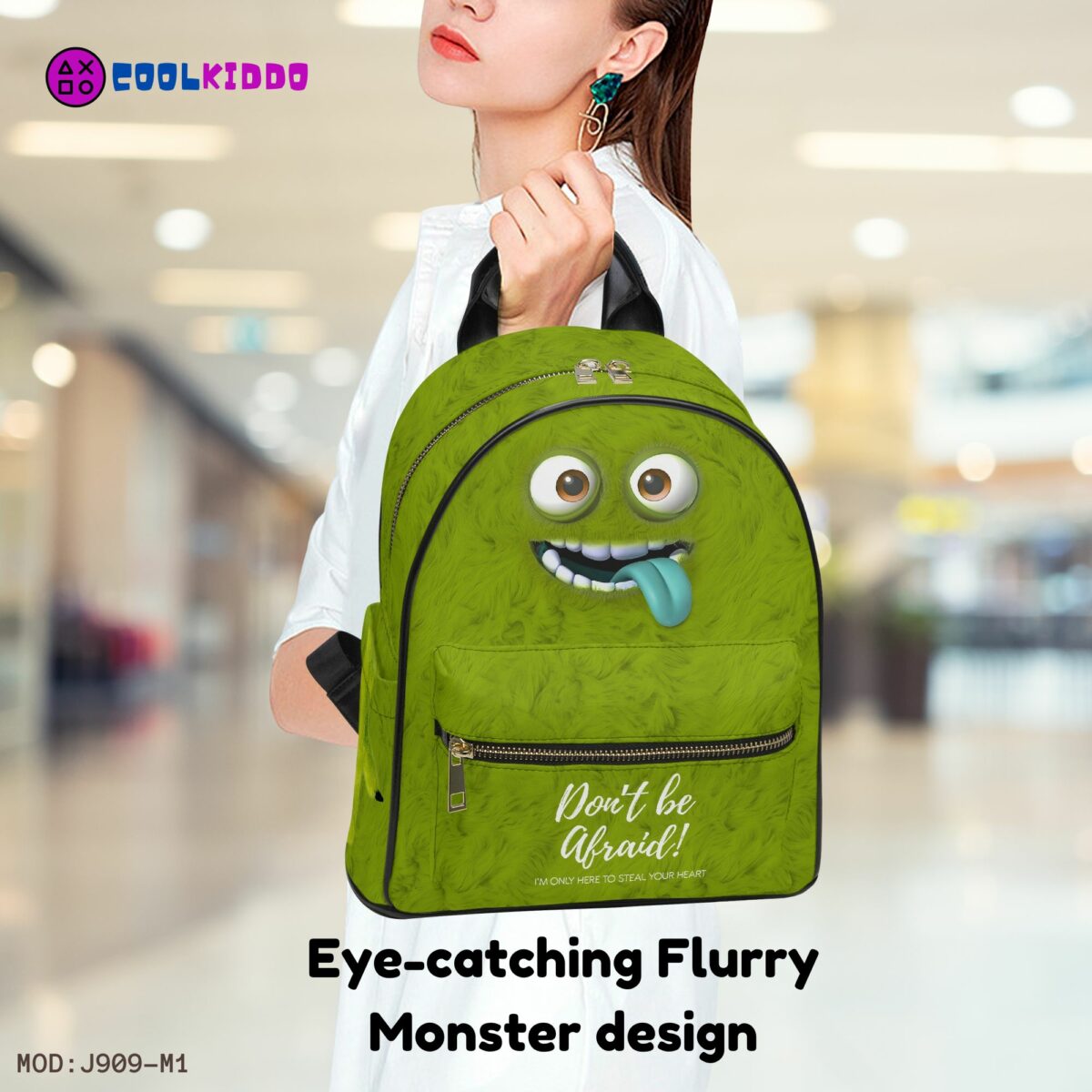 Green Monster Face Little Backpack – Flurry Simulation Fun All-Over Print Leather Street Bag For Girls Cool Kiddo 18