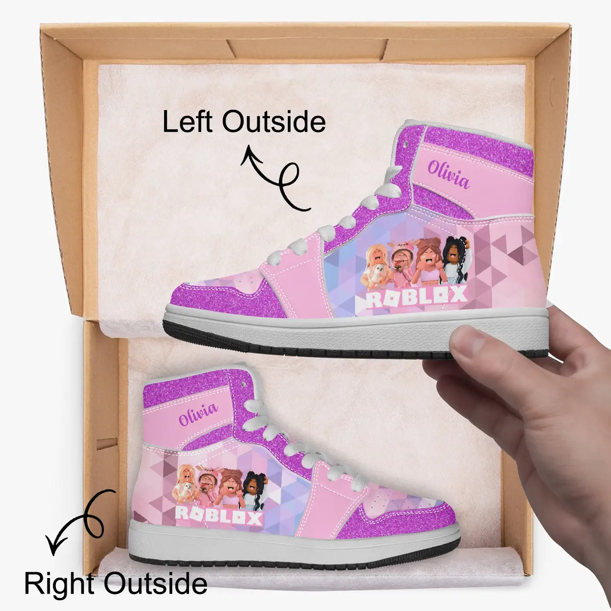 Customized Name ROBLOX Girls Characters High-Top Leather Pink Shoes for Kids, Jordans Style Sneakers Cool Kiddo 22