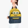 Yellow and Denim Simulation Minions Face Little Backpack – Fun All-Over Print Leather Street Bag for Girls Cool Kiddo 32
