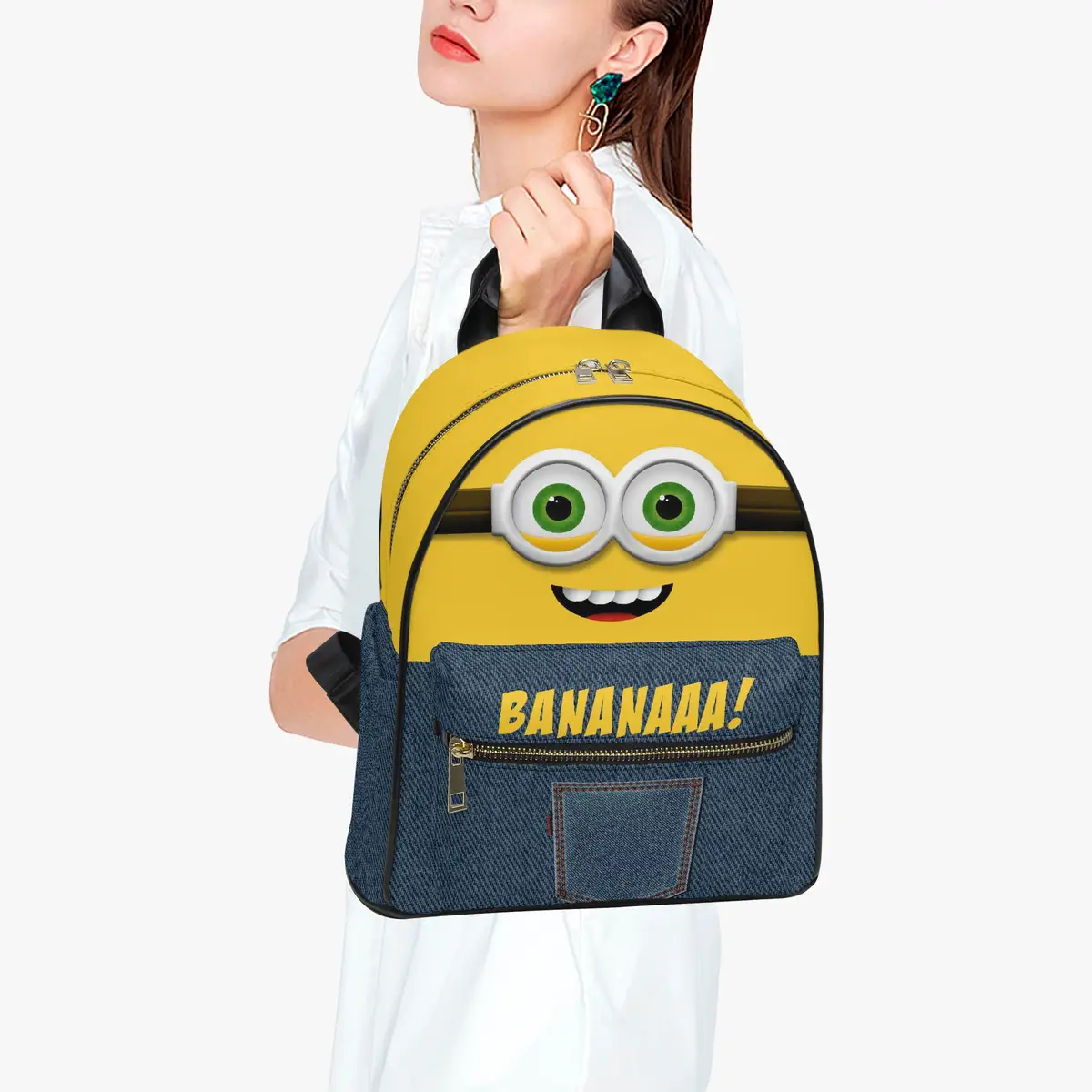 Yellow and Denim Simulation Minions Face Little Backpack – Fun All-Over Print Leather Street Bag for Girls Cool Kiddo 18