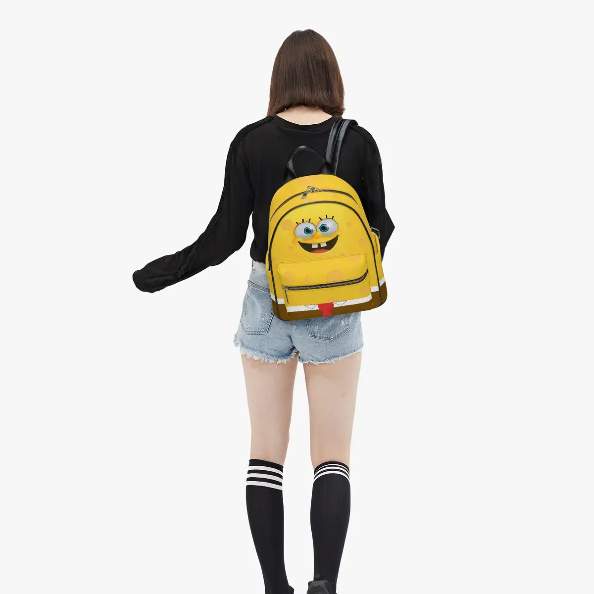 Sponge Bob Face Little Backpack – Fun All-Over Print Leather Street Bag for Girls Cool Kiddo 12