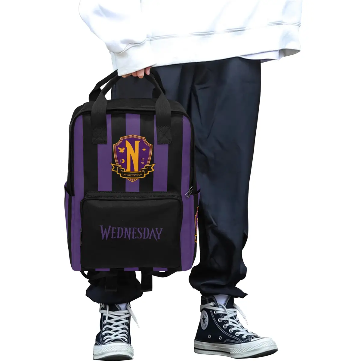 Wednesday Addams Uniform Inspired Black and Purple Backpack, Youth Book Bag for School, Nevermore Academy Rucksack Cool Kiddo 12