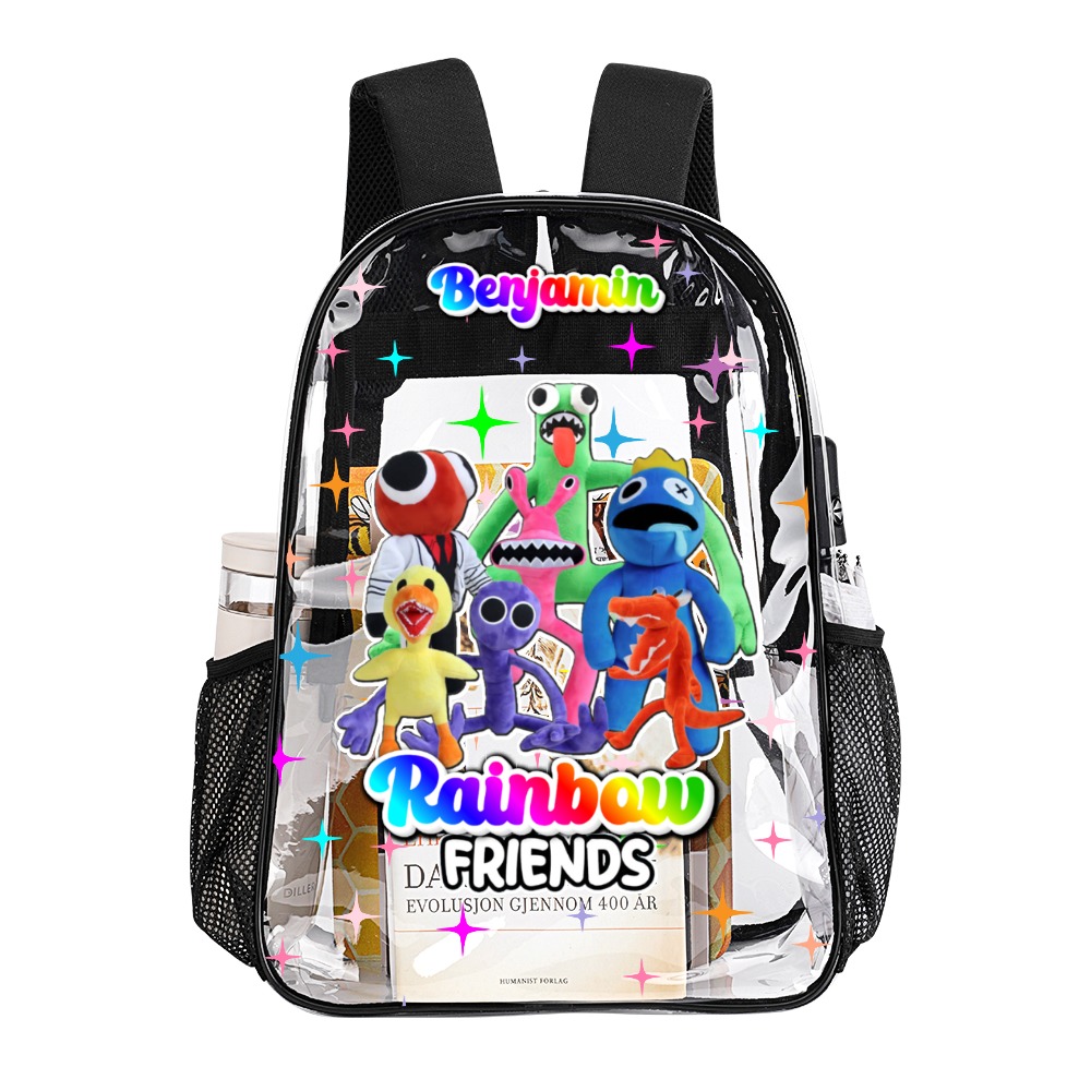 Personalized Blue Rainbow Friends – Transparent Bag – Clear Backpack – 17-inch 2024 New Cool Kiddo 18
