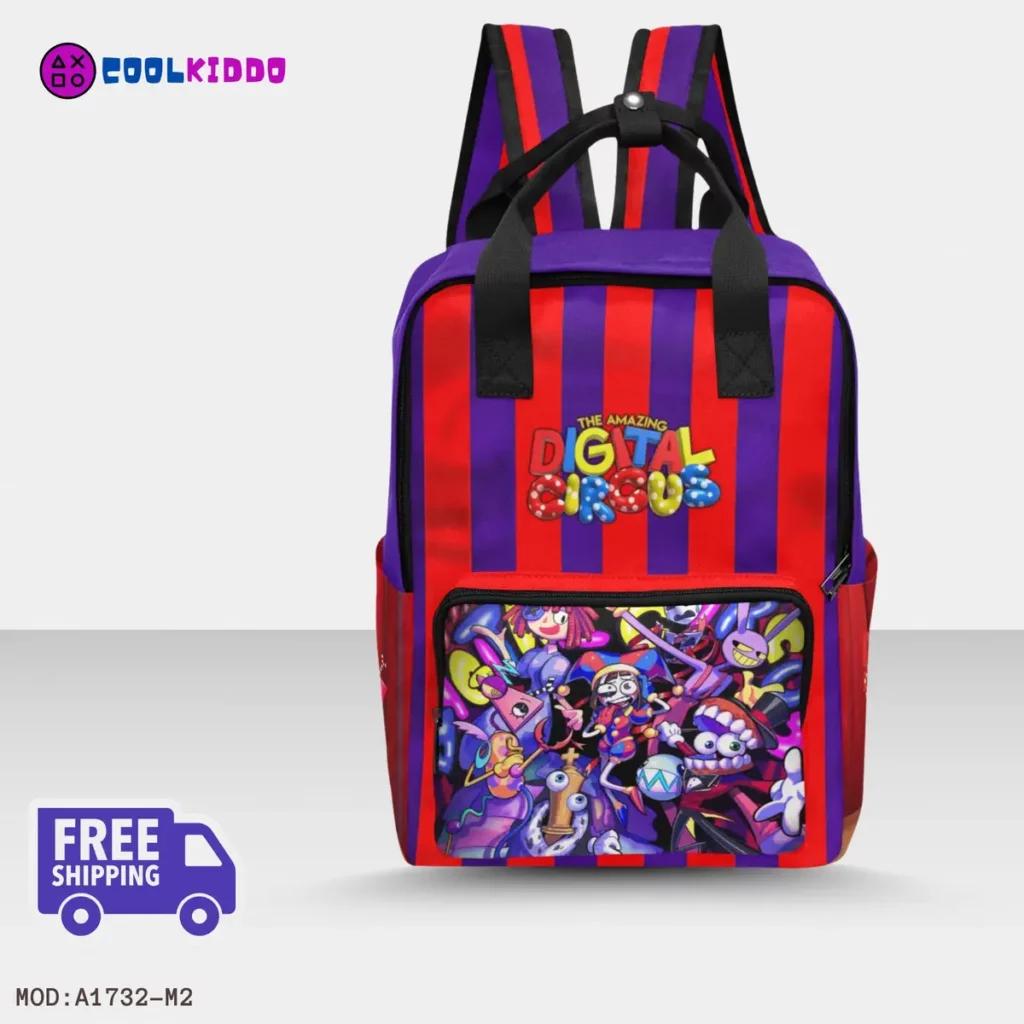 Amazing Digital Circus Handle Backpack. Book bag for Kids / Youth Cool Kiddo Amazing Digital Circus Handle Backpack with characters on front pocket, book bag for Kids / Youth, Personalized Name Rucksack, Cool Kiddo