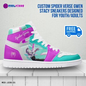 Custom Spider Verse Gwen Stacy Character High-Top Leather Girl Woman Shoes, Jordans Style Sneakers Cool Kiddo