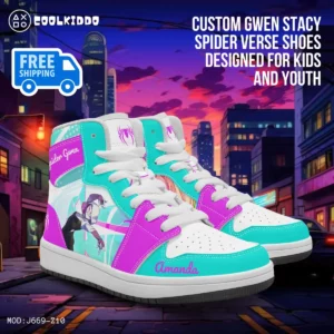 Personalized Gwen Stacy Sneakers. Spiderman Spider-Verse Character High-Top Leather Girl / Woman Shoes Cool Kiddo