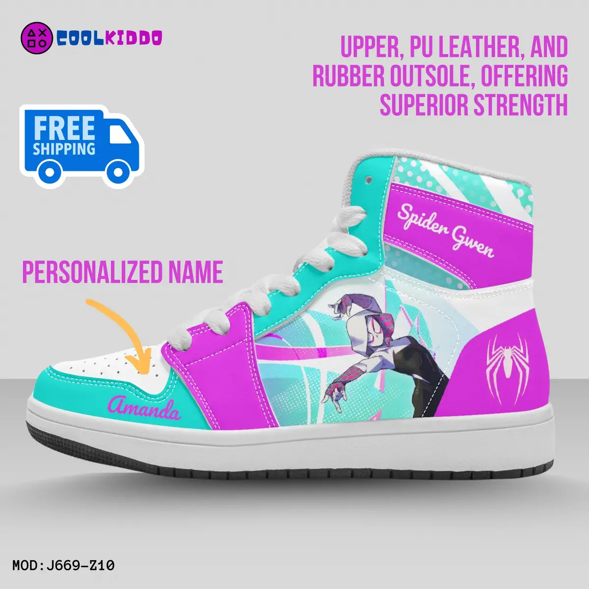 Personalized Gwen Stacy Sneakers. Spiderman Spider-Verse Character High-Top Leather Girl / Woman Shoes Cool Kiddo 12