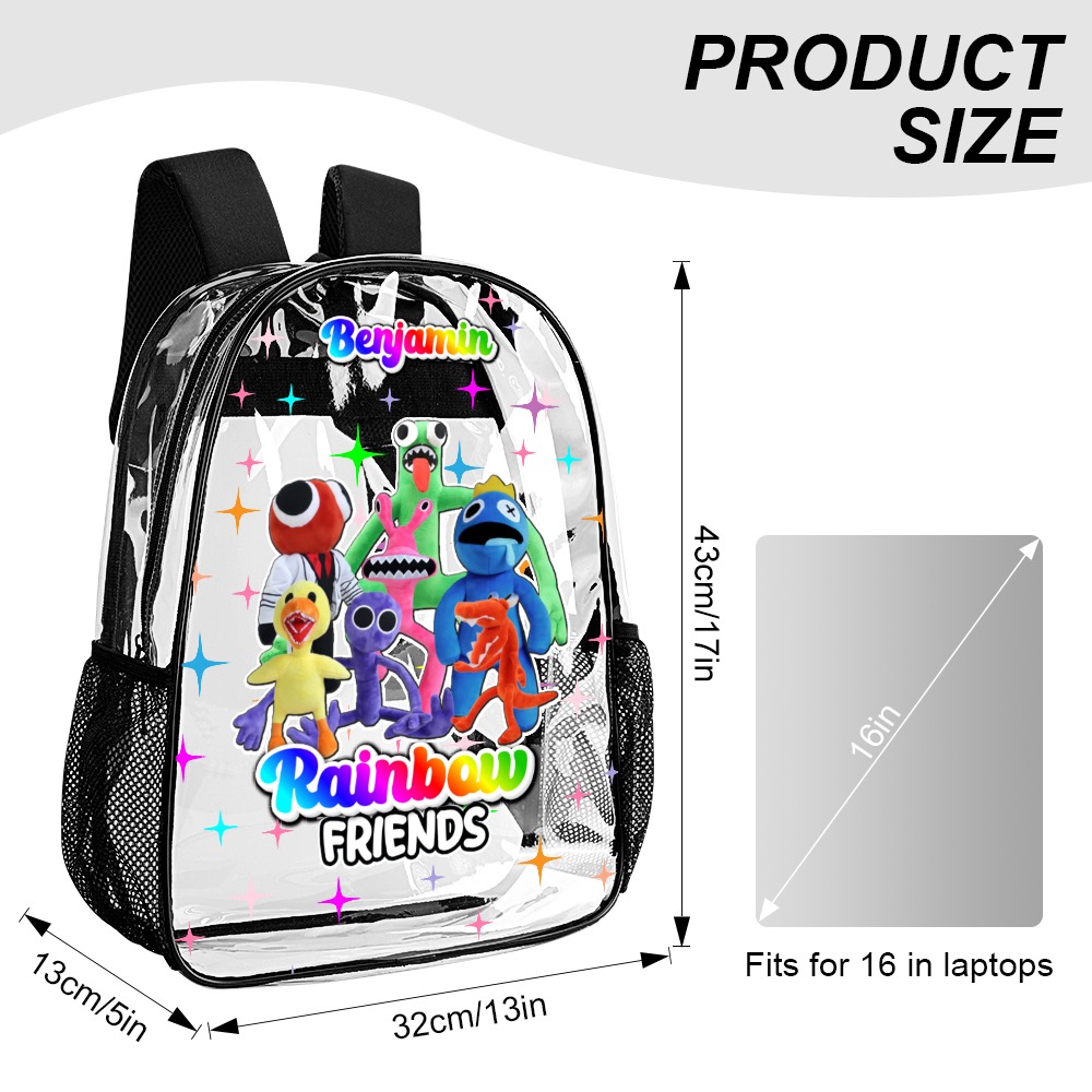 Personalized Blue Rainbow Friends – Transparent Bag – Clear Backpack – 17-inch 2024 New Cool Kiddo 16