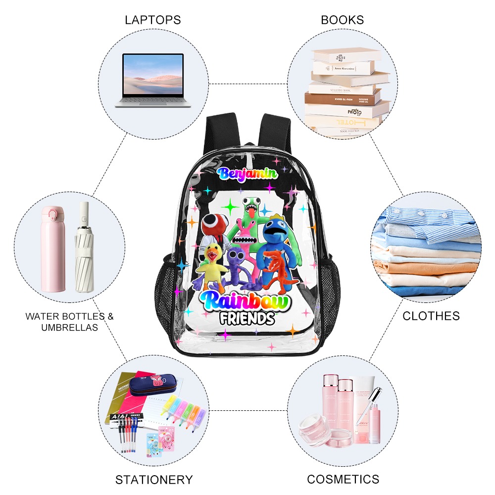 Personalized Blue Rainbow Friends – Transparent Bag – Clear Backpack – 17-inch 2024 New Cool Kiddo 12