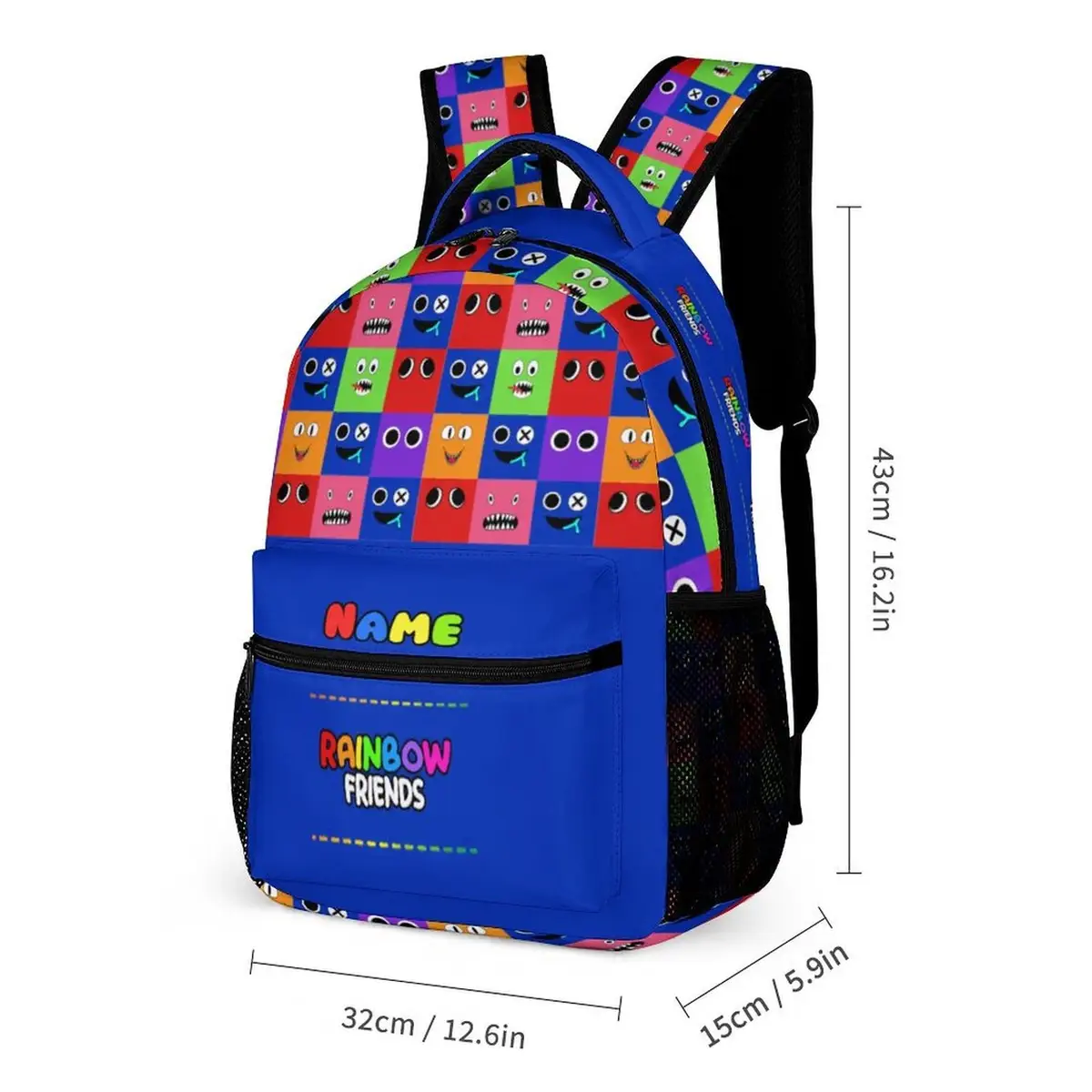 Personalized Blue Backpack | Grid background with Rainbow Friends characters faces Cool Kiddo 12
