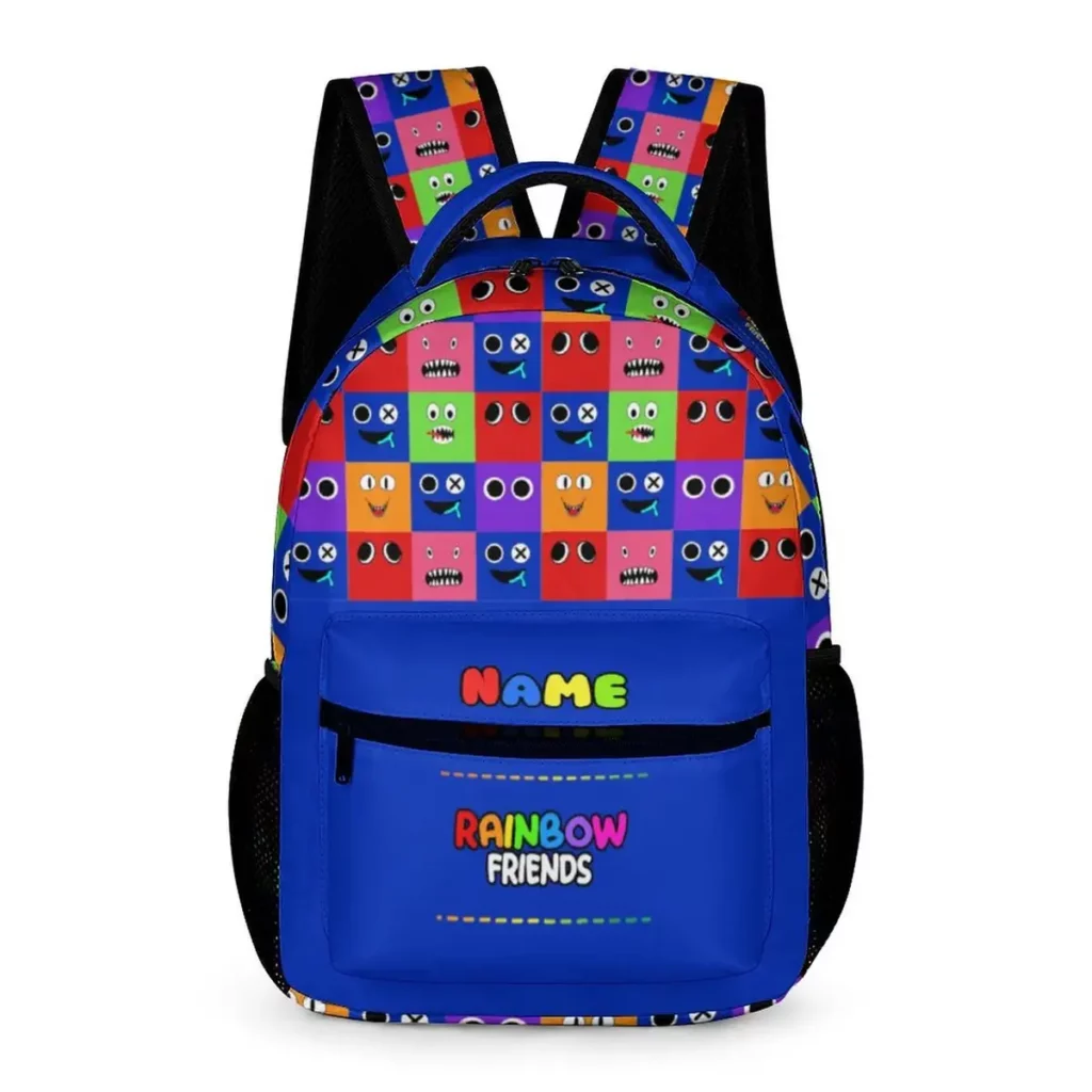 Unique Blue Rainbow Friends backpack from BLUE grid characters faces background