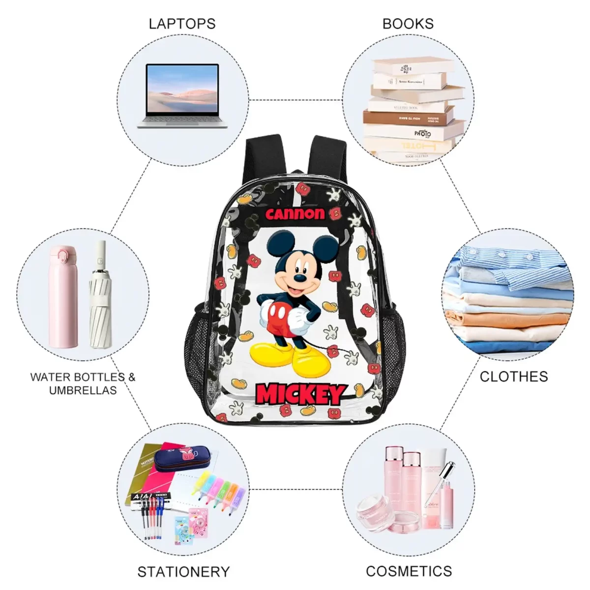 Mickey Mouse Personalized Transparent Backpack – 17 Inches Clear Book Bag Cool Kiddo 16