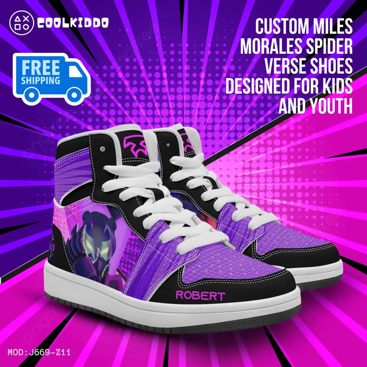 Personalized Miles Morales Spider Verse Earth 42 Prowler High-Top Leather Black Purple Cool Kiddo 10