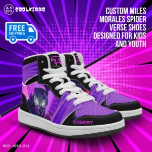 Personalized Miles Morales Spider Verse Earth 42 Prowler High-Top Leather Black Purple Cool Kiddo
